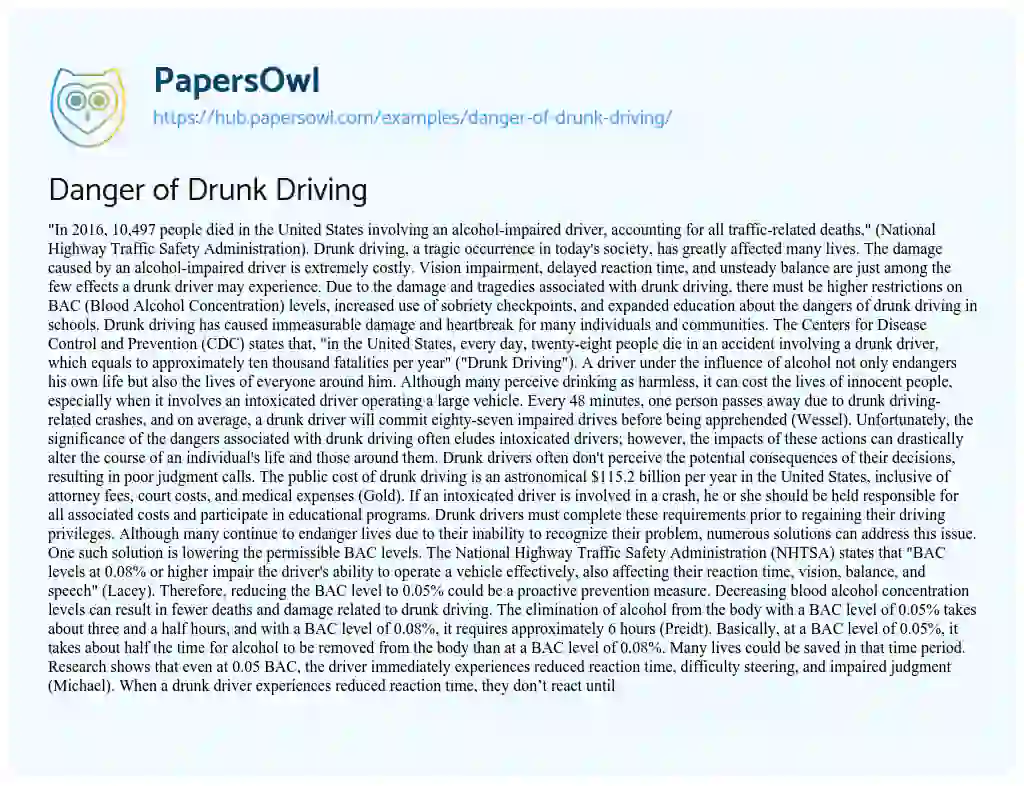 Essay on Danger of Drunk Driving