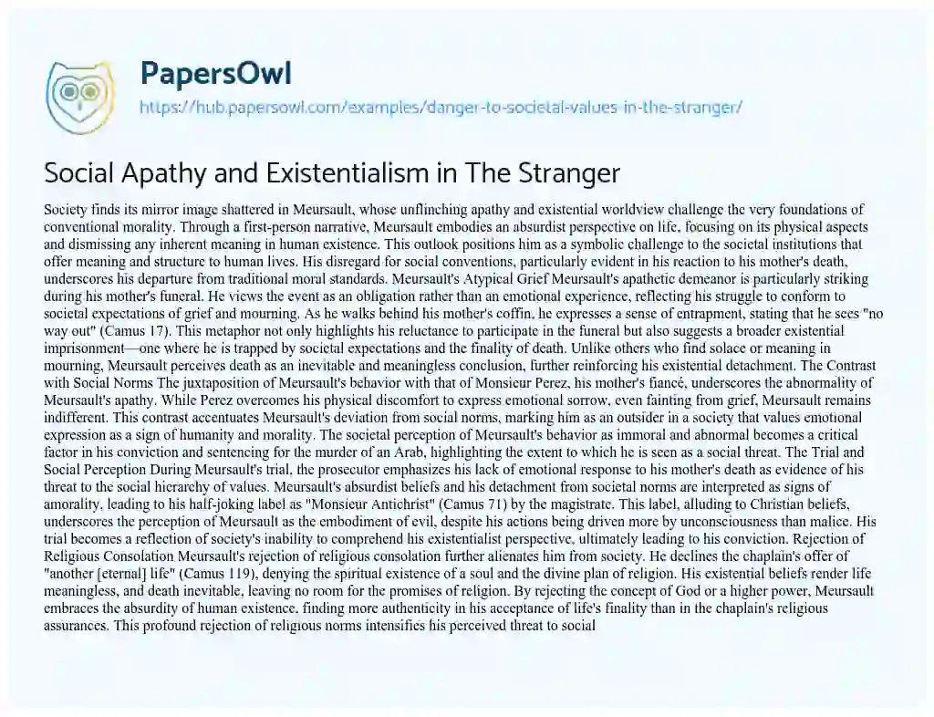Essay on Social Apathy and Existentialism in The Stranger