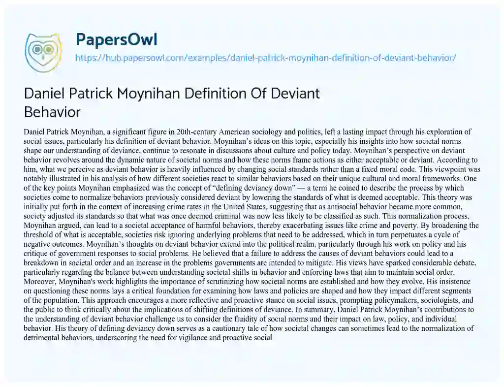 Essay on Daniel Patrick Moynihan Definition Of Deviant Behavior