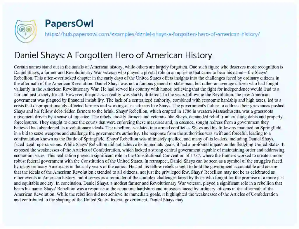 Essay on Daniel Shays: A Forgotten Hero of American History