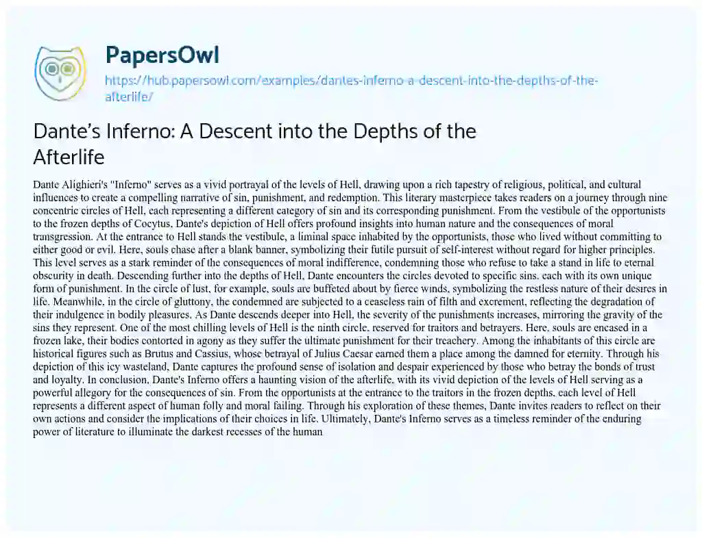Essay on Dante’s Inferno: A Descent into the Depths of the Afterlife