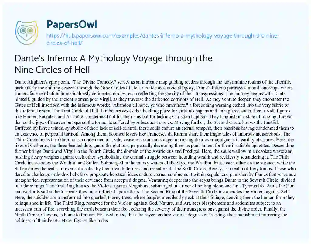 Essay on Dante’s Inferno: A Mythology Voyage through the Nine Circles of Hell