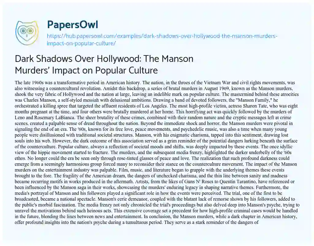 Essay on Dark Shadows Over Hollywood: The Manson Murders’ Impact on Popular Culture