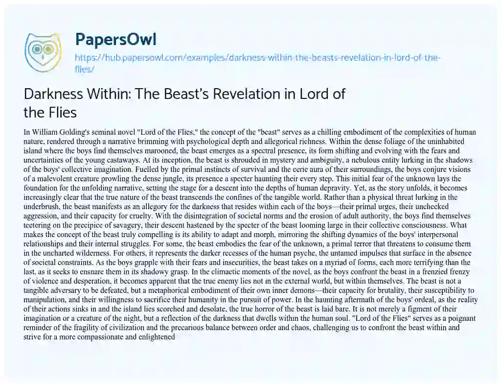 Essay on Darkness Within: The Beast’s Revelation in Lord of the Flies