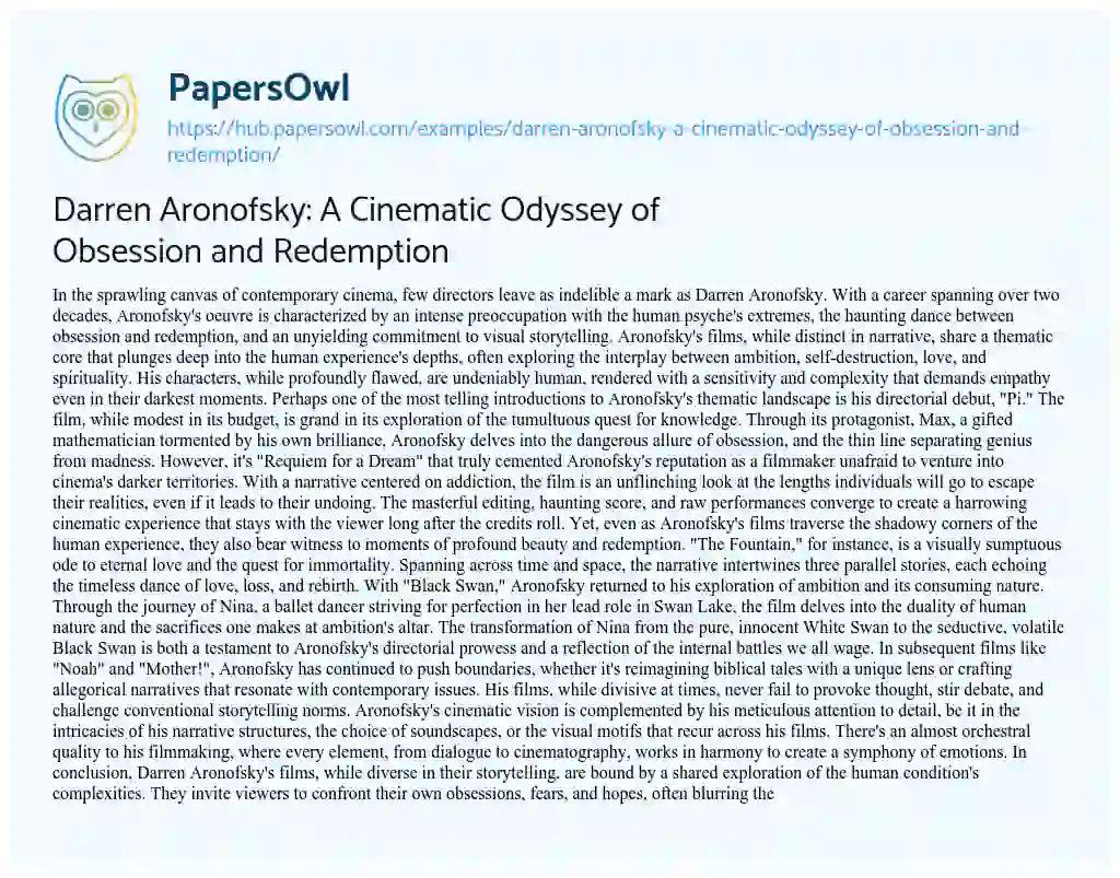 Essay on Darren Aronofsky: A Cinematic Odyssey of Obsession and Redemption