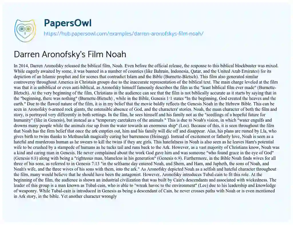 Essay on Darren Aronofsky’s Film Noah