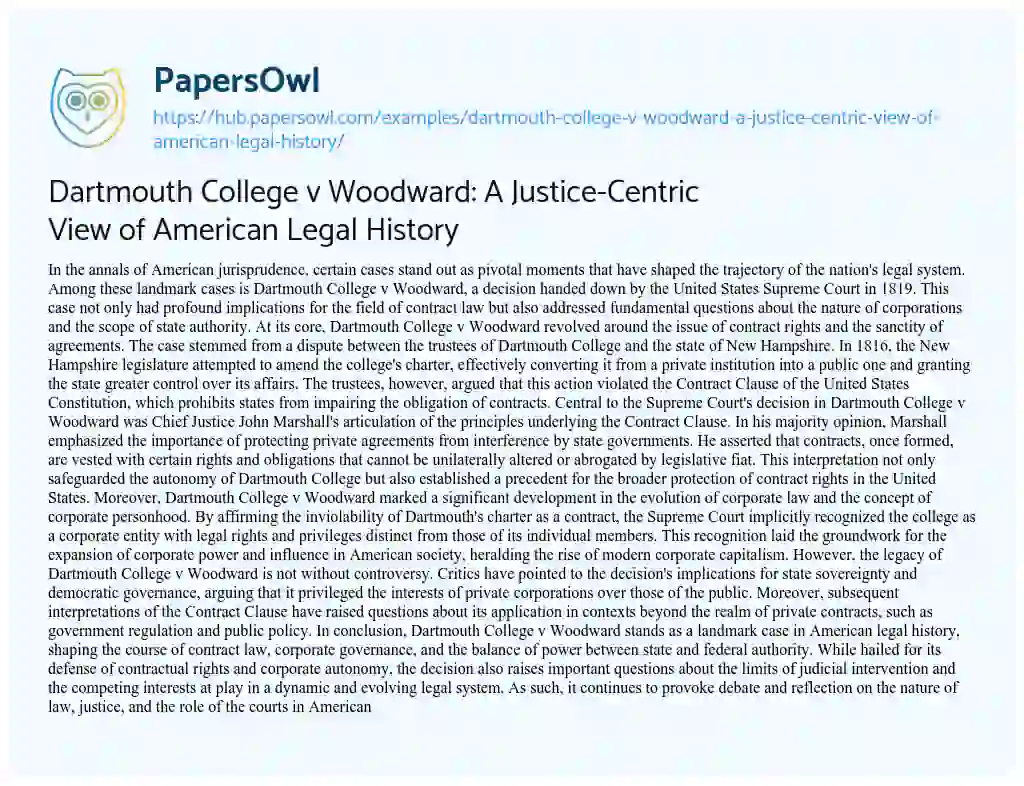 Essay on Dartmouth College v Woodward: A Justice-Centric View of American Legal History