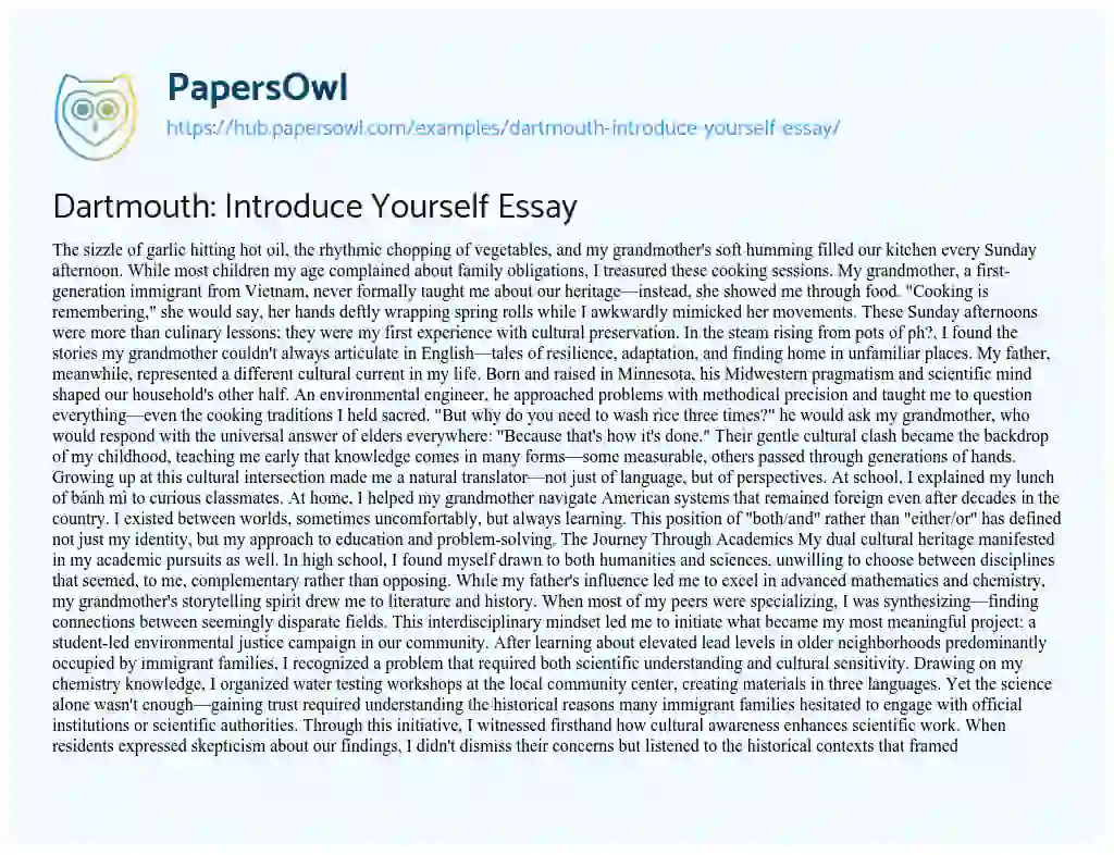 Essay on Dartmouth: Introduce Yourself Essay