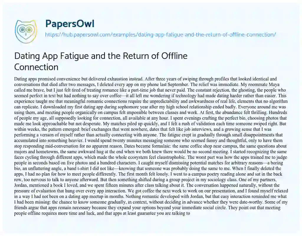 Essay on Dating App Fatigue and the Return of Offline Connection