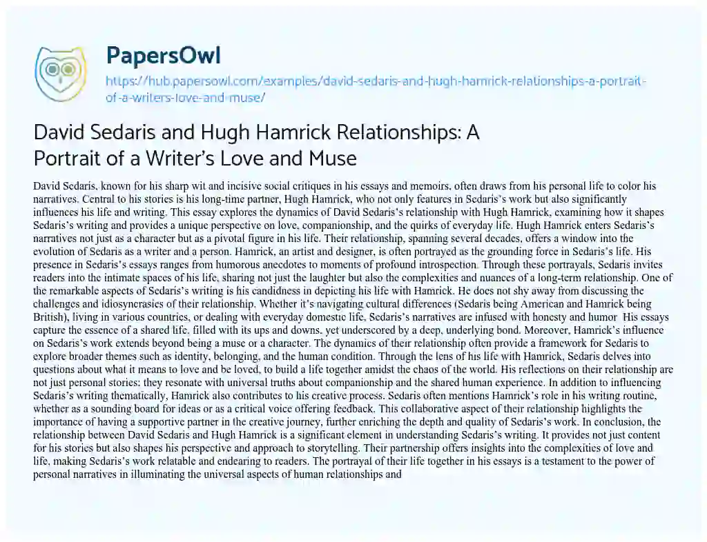 Essay on David Sedaris and Hugh Hamrick Relationships: A Portrait of a Writer’s Love and Muse