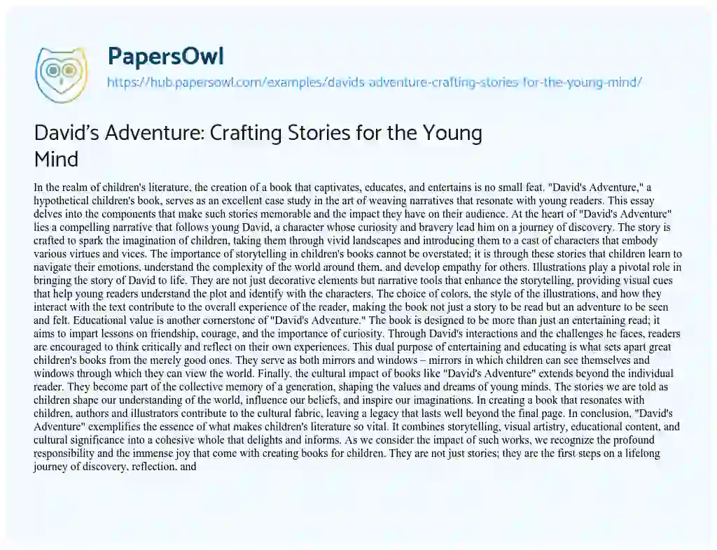Essay on David’s Adventure: Crafting Stories for the Young Mind