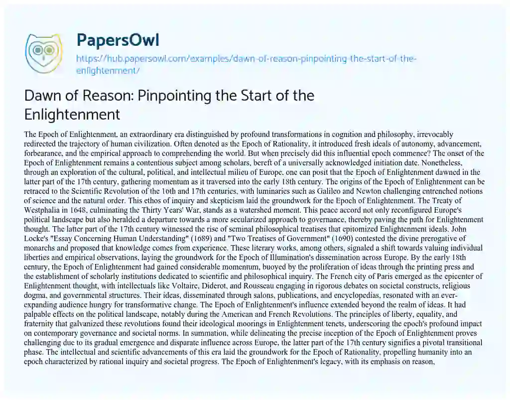 Essay on Dawn of Reason: Pinpointing the Start of the Enlightenment