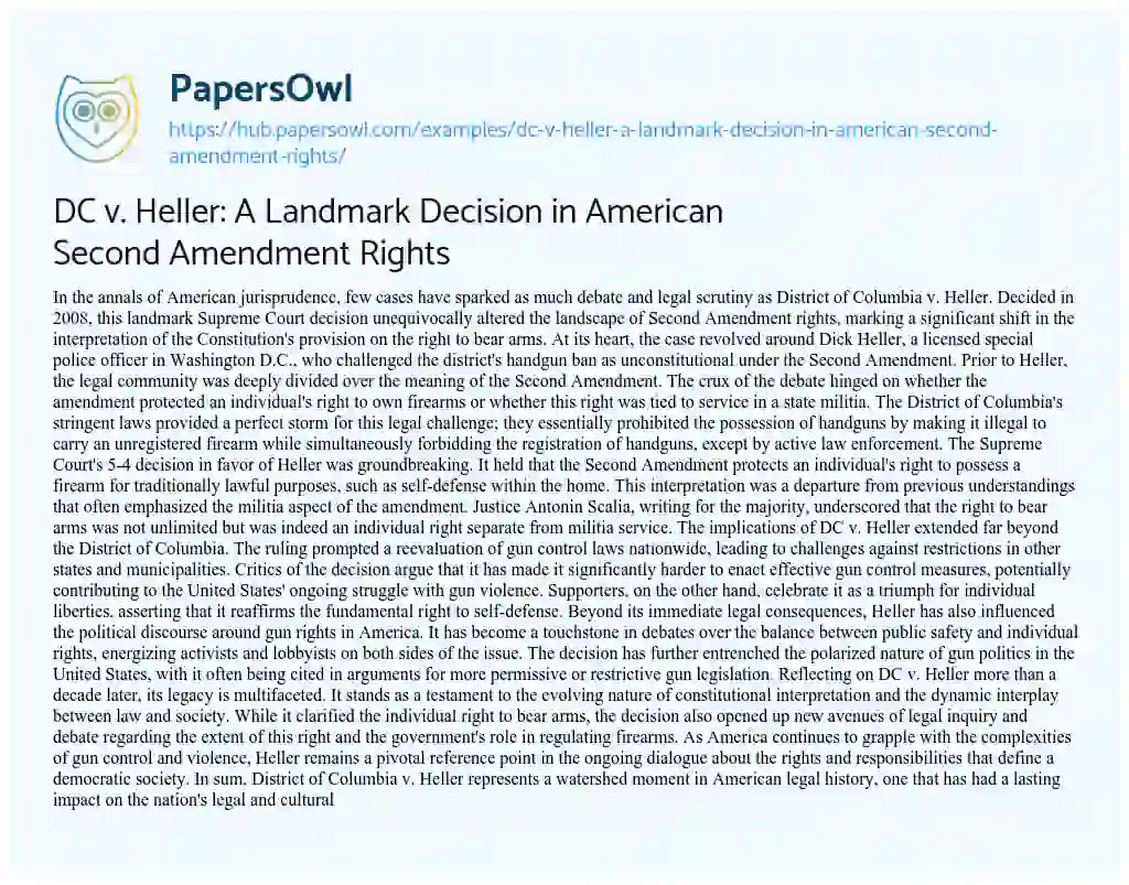 Essay on DC v. Heller: A Landmark Decision in American Second Amendment Rights