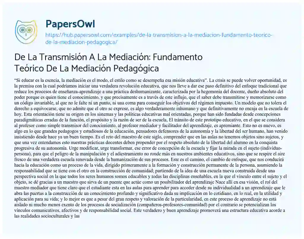 Essay on De La Transmisión A La Mediación: Fundamento Teórico De La Mediación Pedagógica