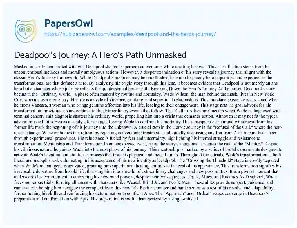 Essay on Deadpool’s Journey: A Hero’s Path Unmasked