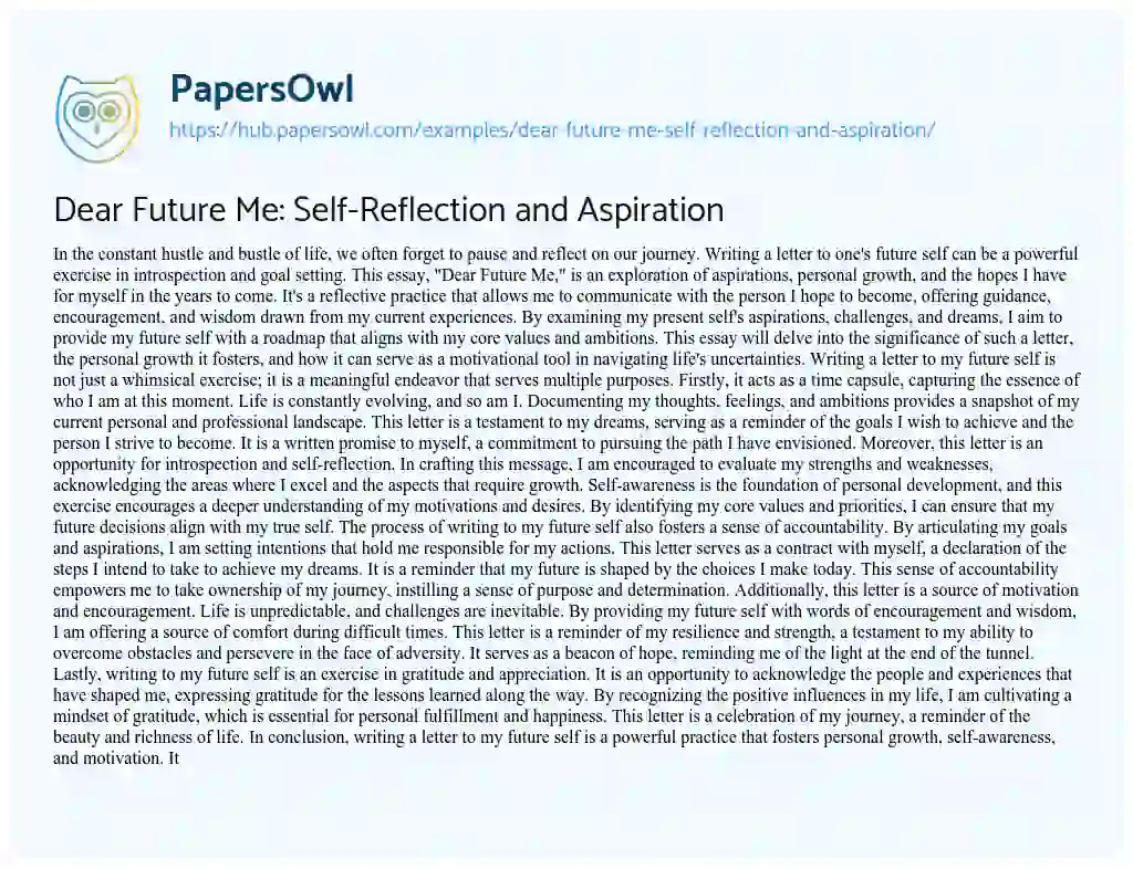 Essay on Dear Future Me: Self-Reflection and Aspiration