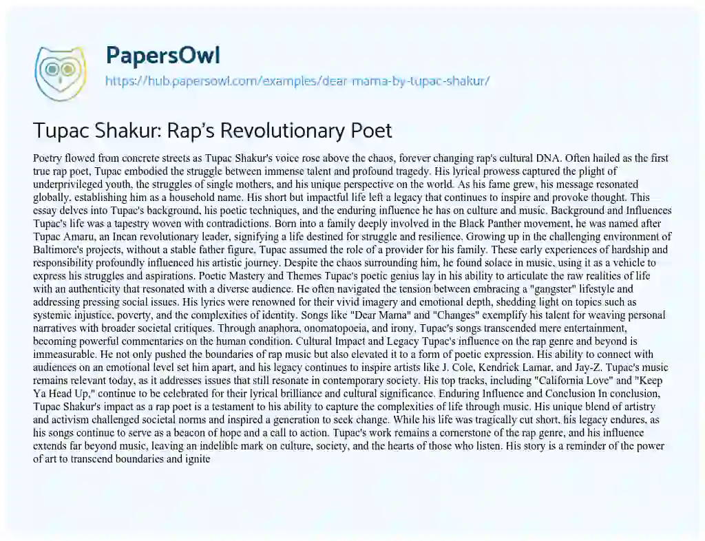 Essay on Tupac Shakur: Rap’s Revolutionary Poet