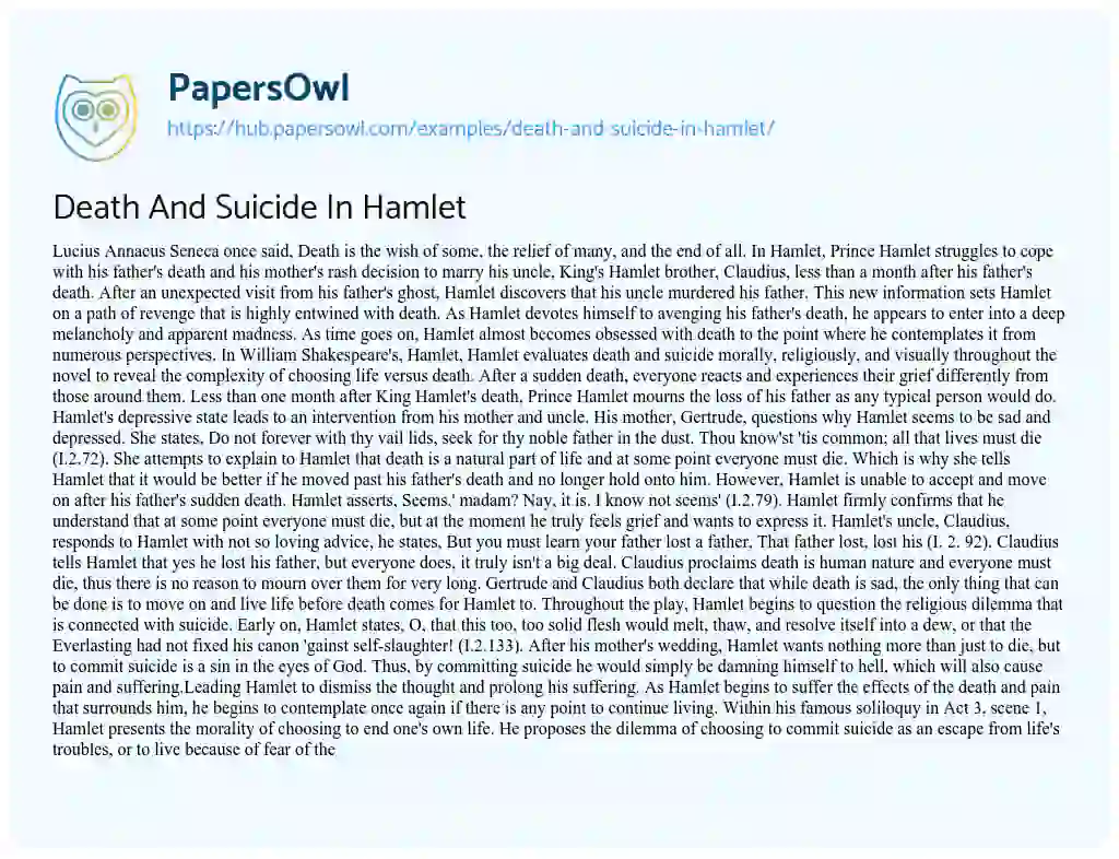 Essay on Death And Suicide In Hamlet