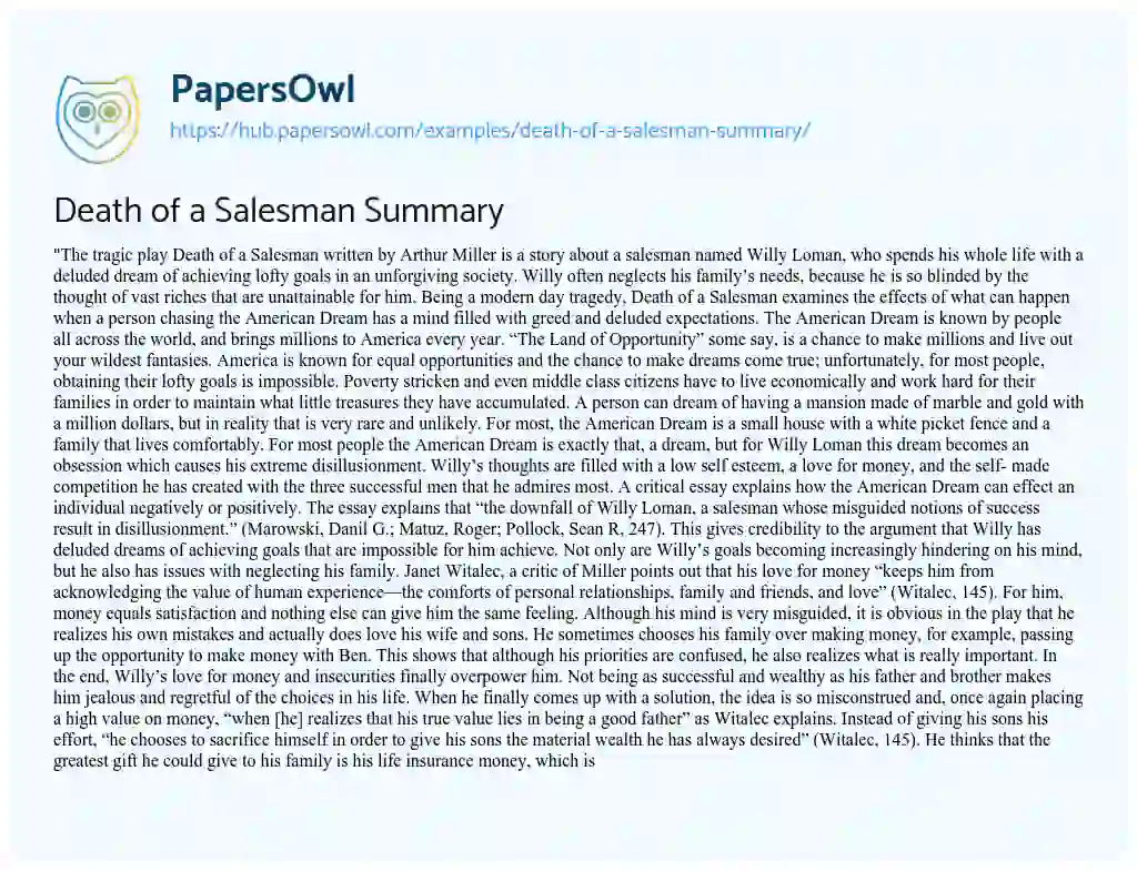 Essay on Death of a Salesman Summary