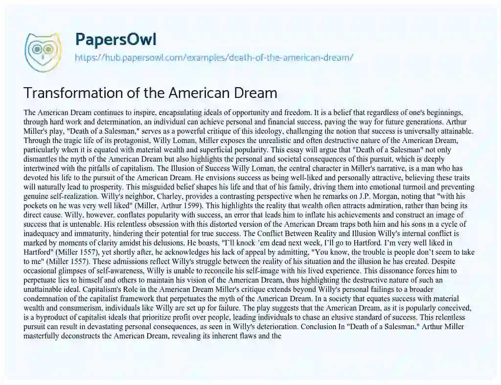 Essay on Transformation of the American Dream