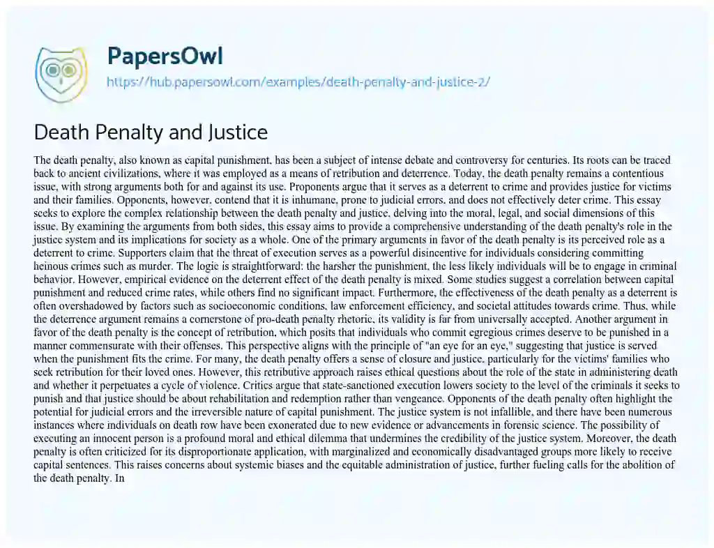 Essay on Death Penalty and Justice
