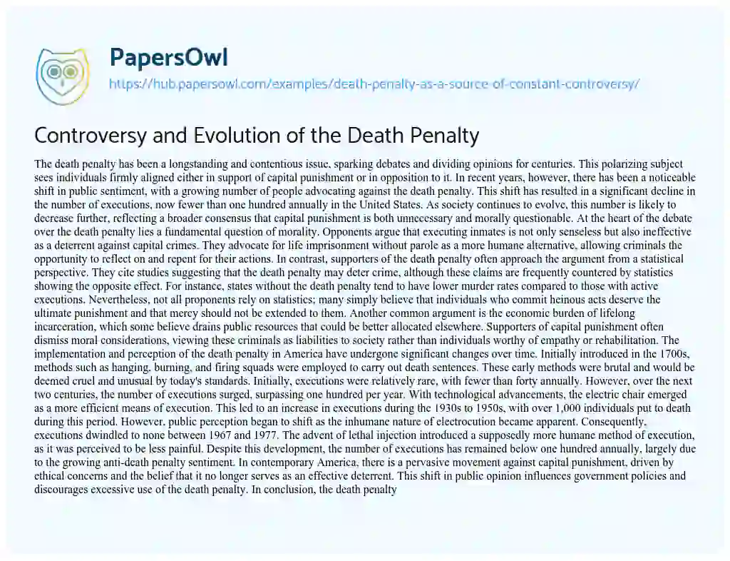 Essay on Controversy and Evolution of the Death Penalty