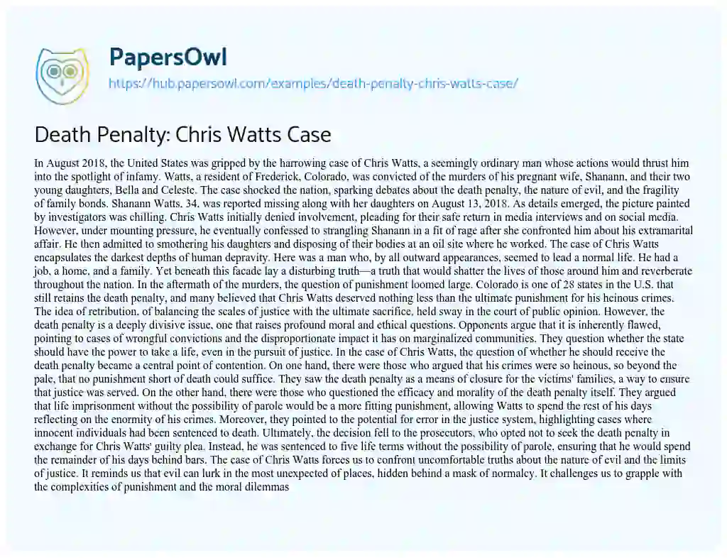 Essay on Death Penalty: Chris Watts Case