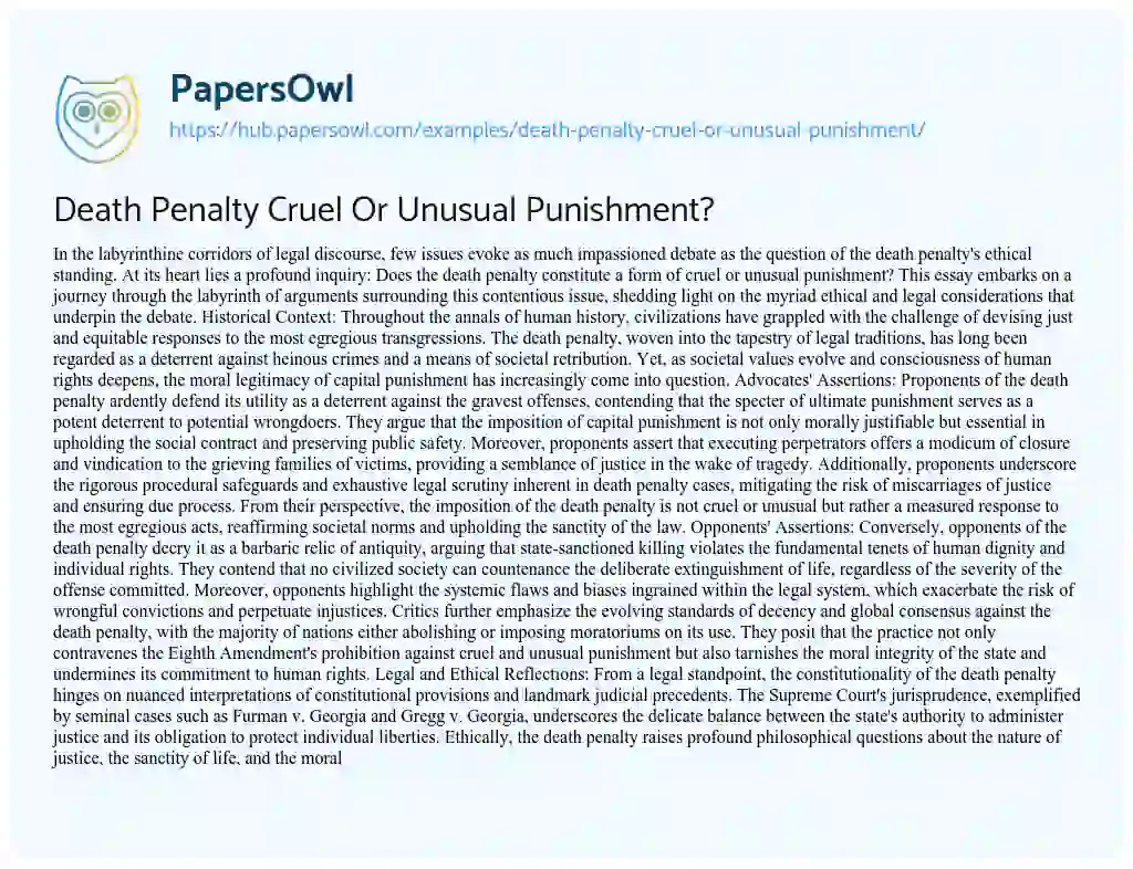 Essay on Death Penalty Cruel Or Unusual Punishment?