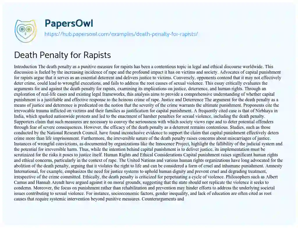 Essay on Death Penalty for Rapists