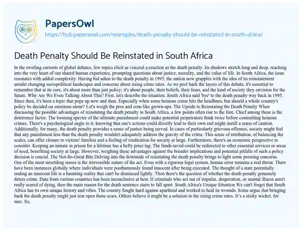 Essay on Death Penalty Should Be Reinstated in South Africa