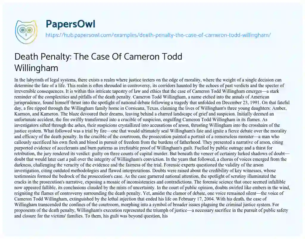 Essay on Death Penalty: The Case Of Cameron Todd Willingham