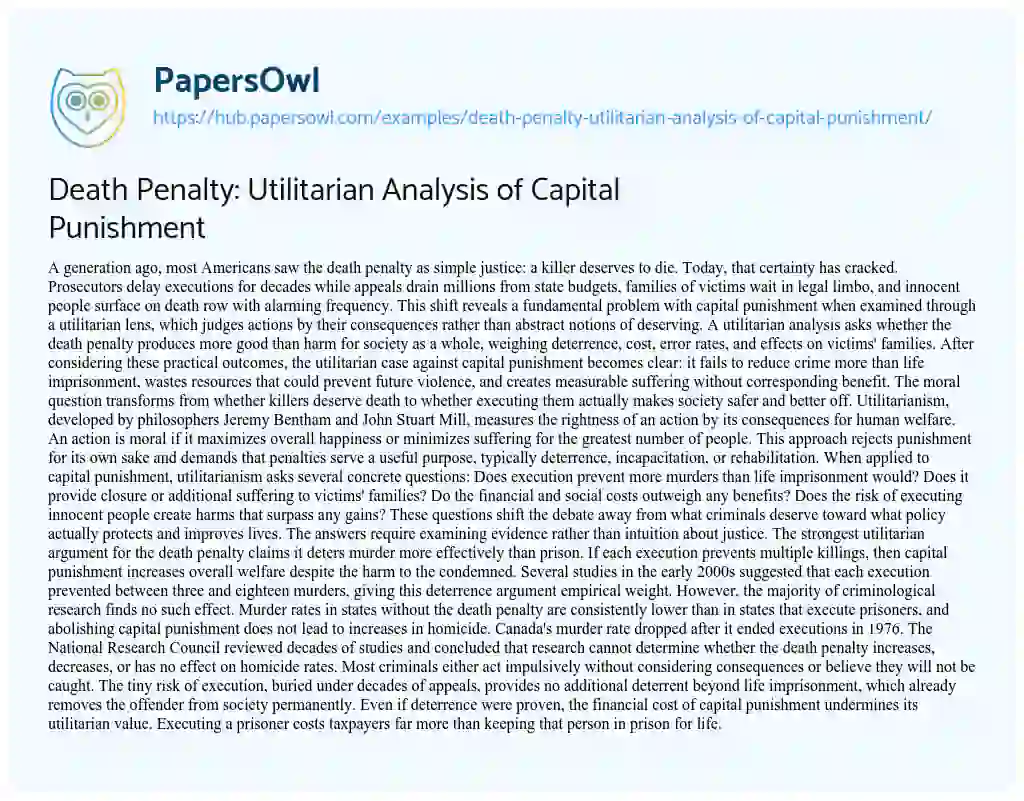 Essay on Death Penalty: Utilitarian Analysis of Capital Punishment
