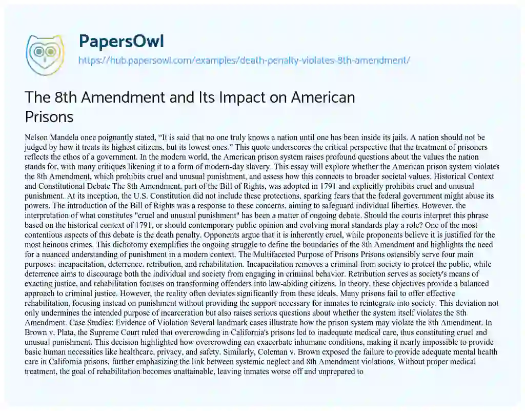 Essay on The 8th Amendment and Its Impact on American Prisons