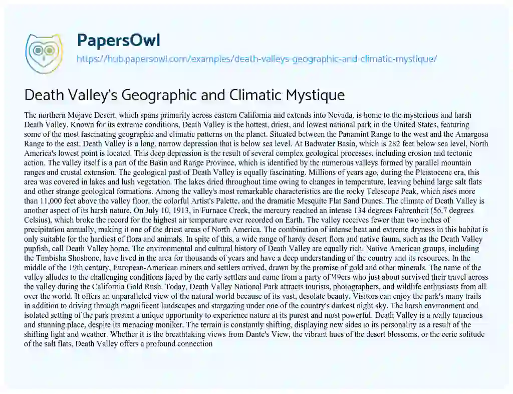 Essay on Death Valley’s Geographic and Climatic Mystique