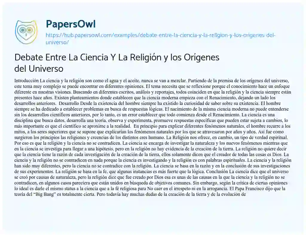 Essay on Debate Entre La Ciencia Y La Religión y los Orígenes del Universo