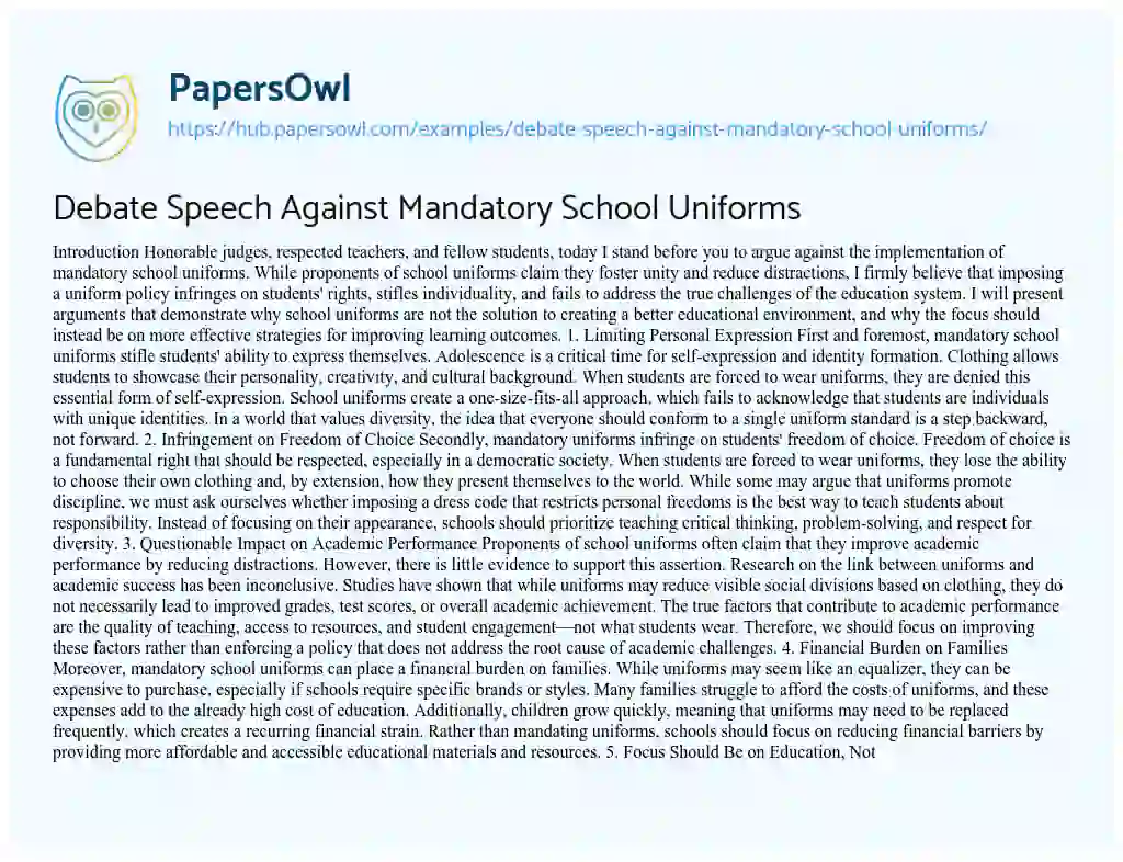 Essay on Debate Speech Against Mandatory School Uniforms