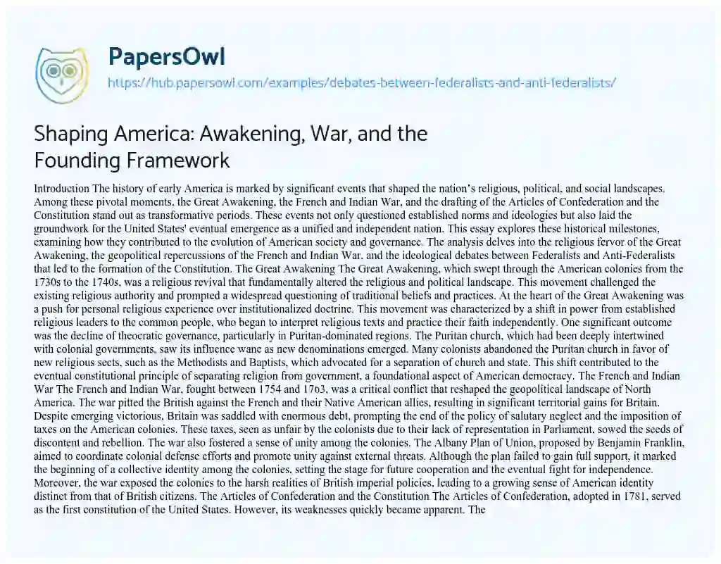 Essay on Shaping America: Awakening, War, and the Founding Framework