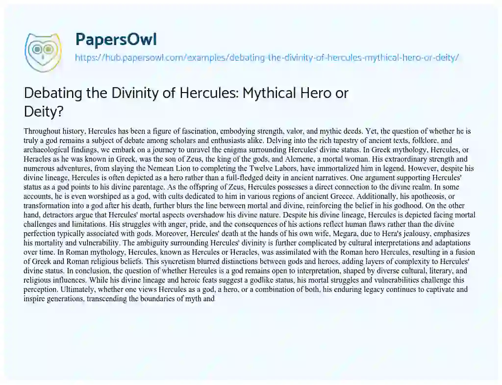 Essay on Debating the Divinity of Hercules: Mythical Hero or Deity?