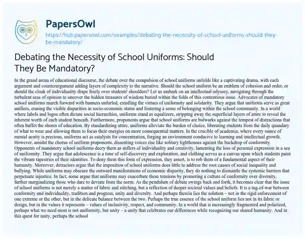 Essay on Debating the Necessity of School Uniforms: Should They Be Mandatory?
