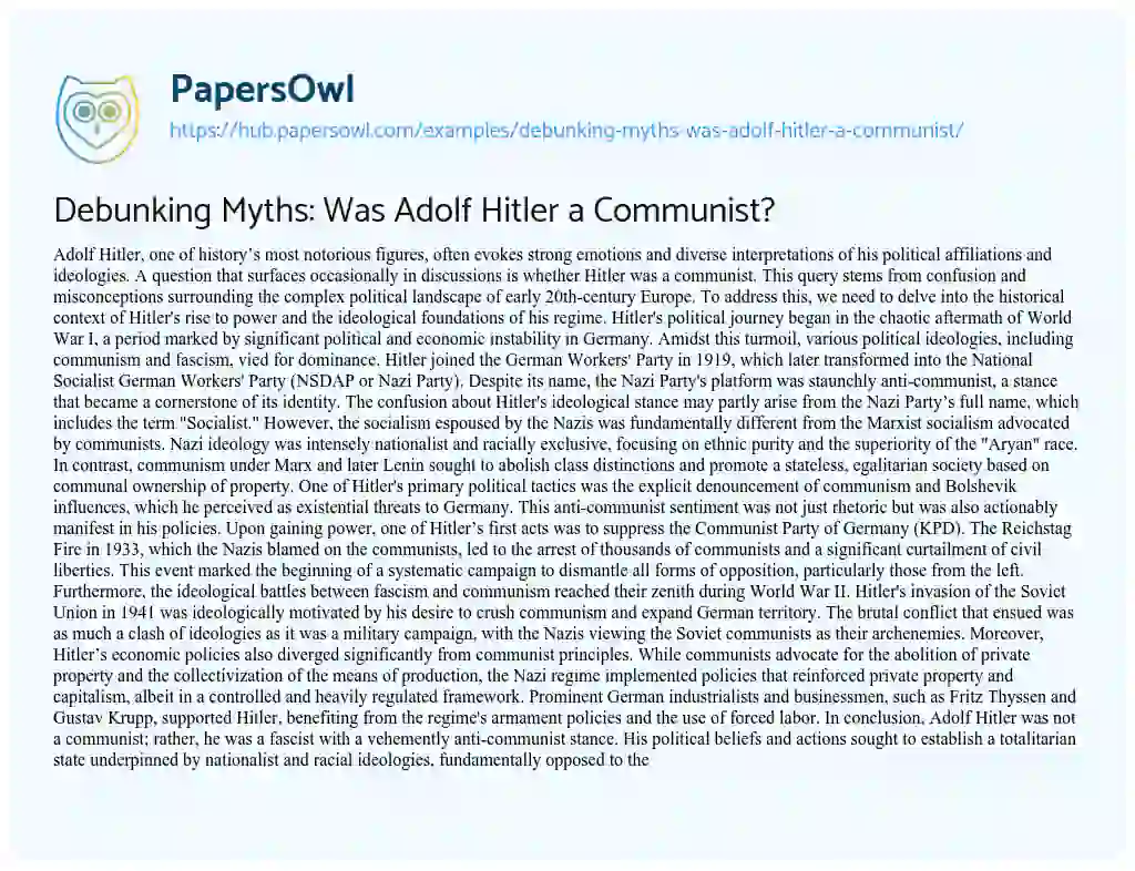 Essay on Debunking Myths: Was Adolf Hitler a Communist?