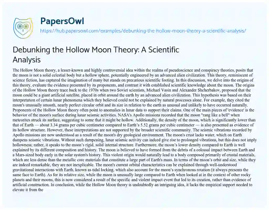Essay on Debunking the Hollow Moon Theory: A Scientific Analysis