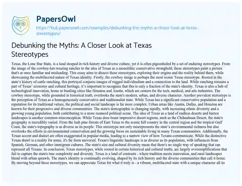 Essay on Debunking the Myths: A Closer Look at Texas Stereotypes