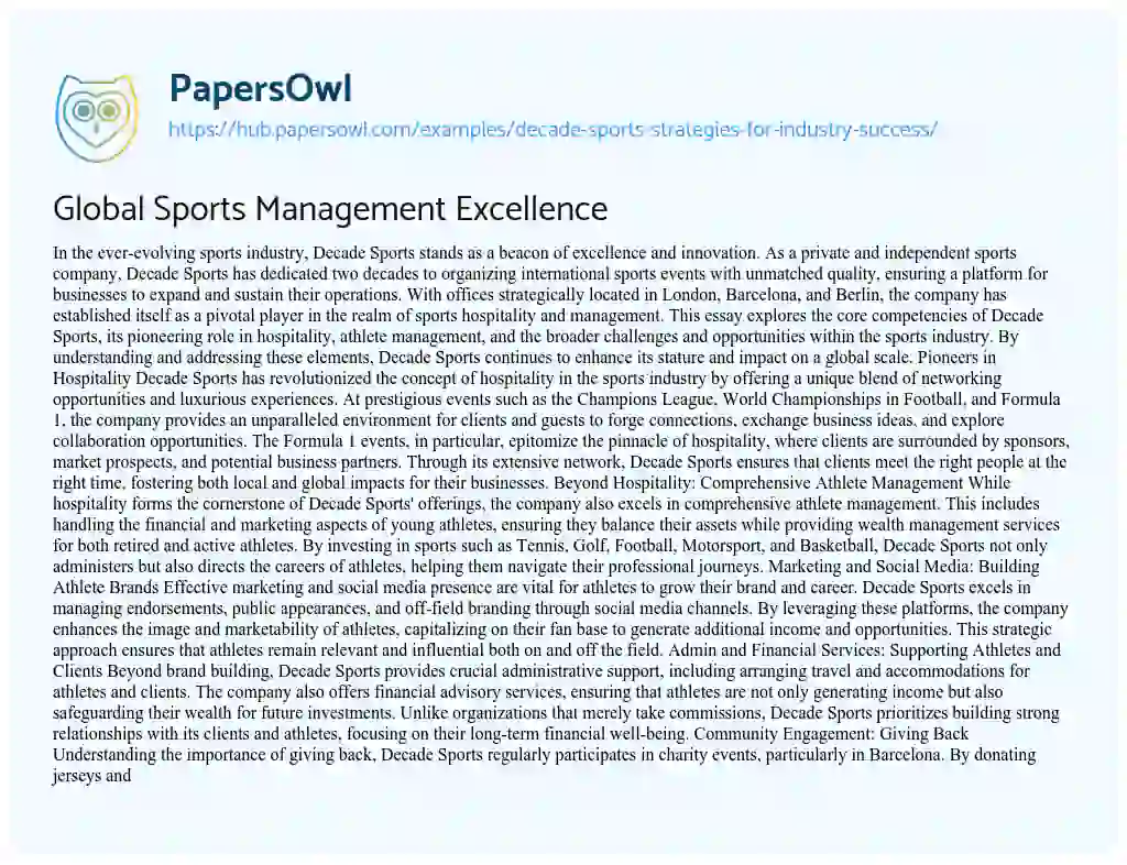 Essay on Global Sports Management Excellence