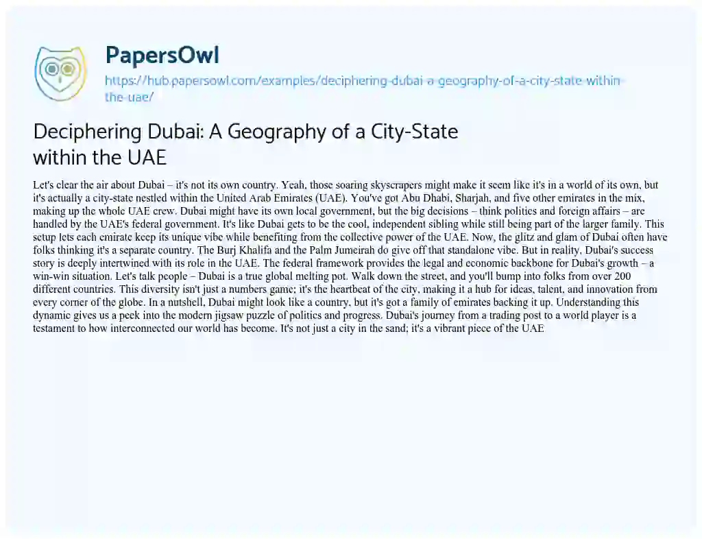 Essay on Deciphering Dubai: A Geography of a City-State within the UAE