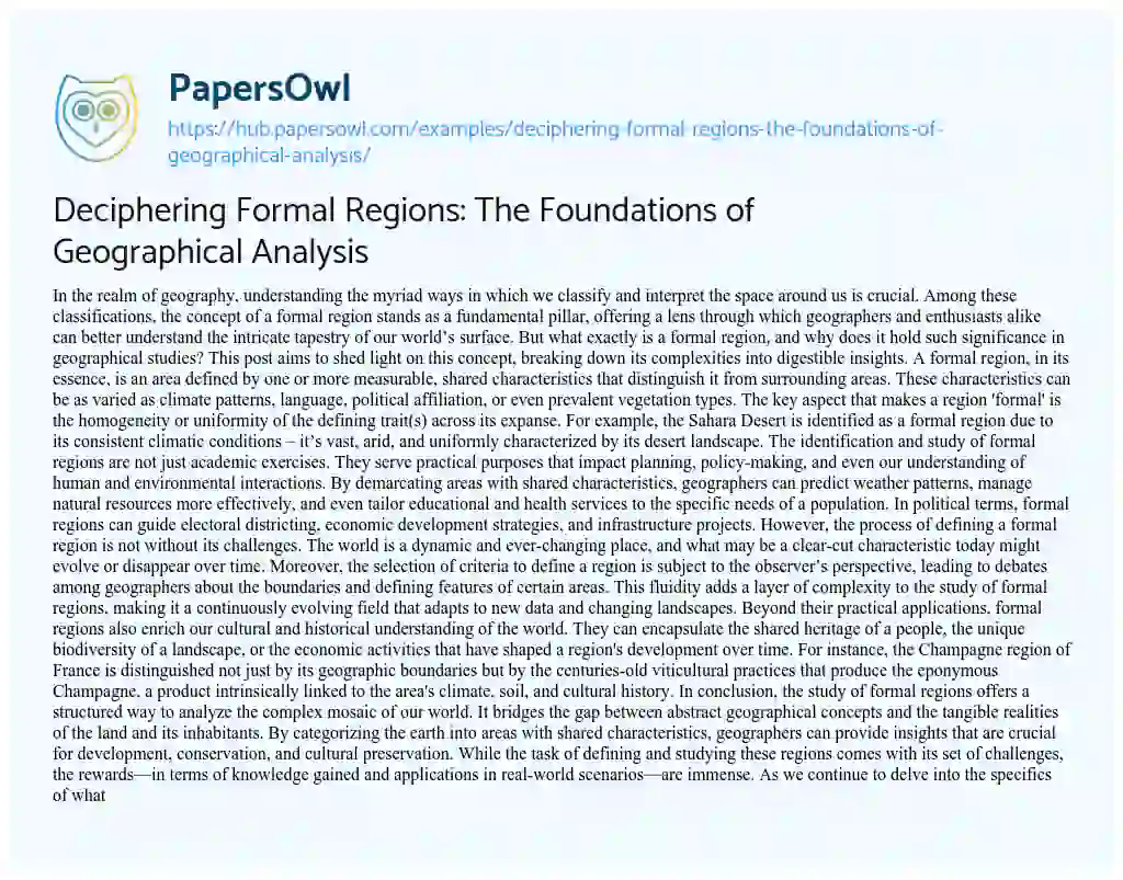 Essay on Deciphering Formal Regions: The Foundations of Geographical Analysis