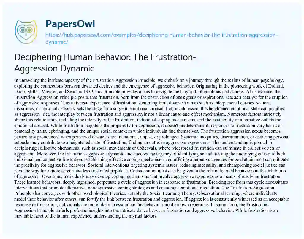 Essay on Deciphering Human Behavior: The Frustration-Aggression Dynamic