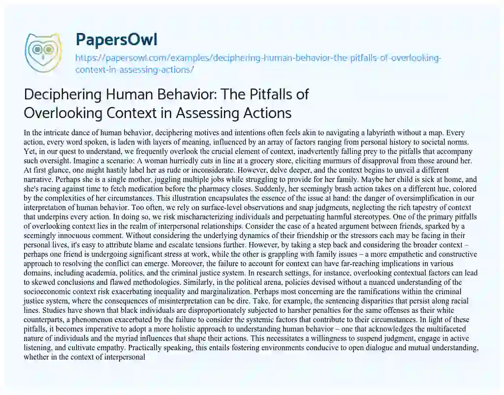 Essay on Deciphering Human Behavior: The Pitfalls of Overlooking Context in Assessing Actions
