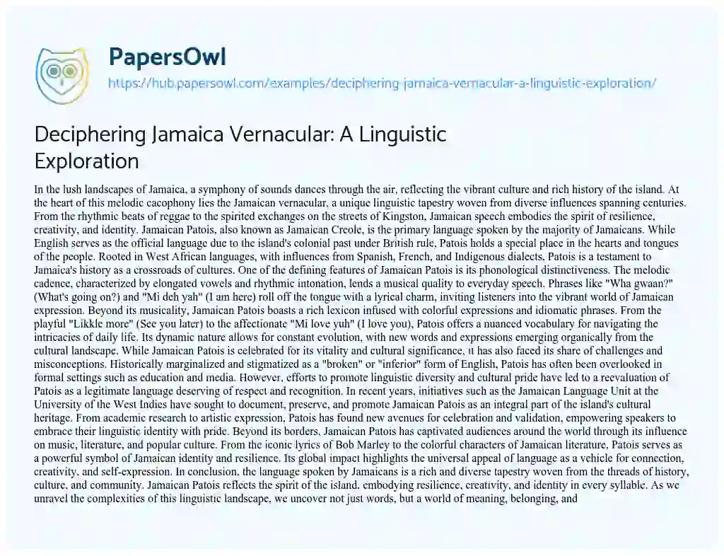 Essay on Deciphering Jamaica Vernacular: A Linguistic Exploration