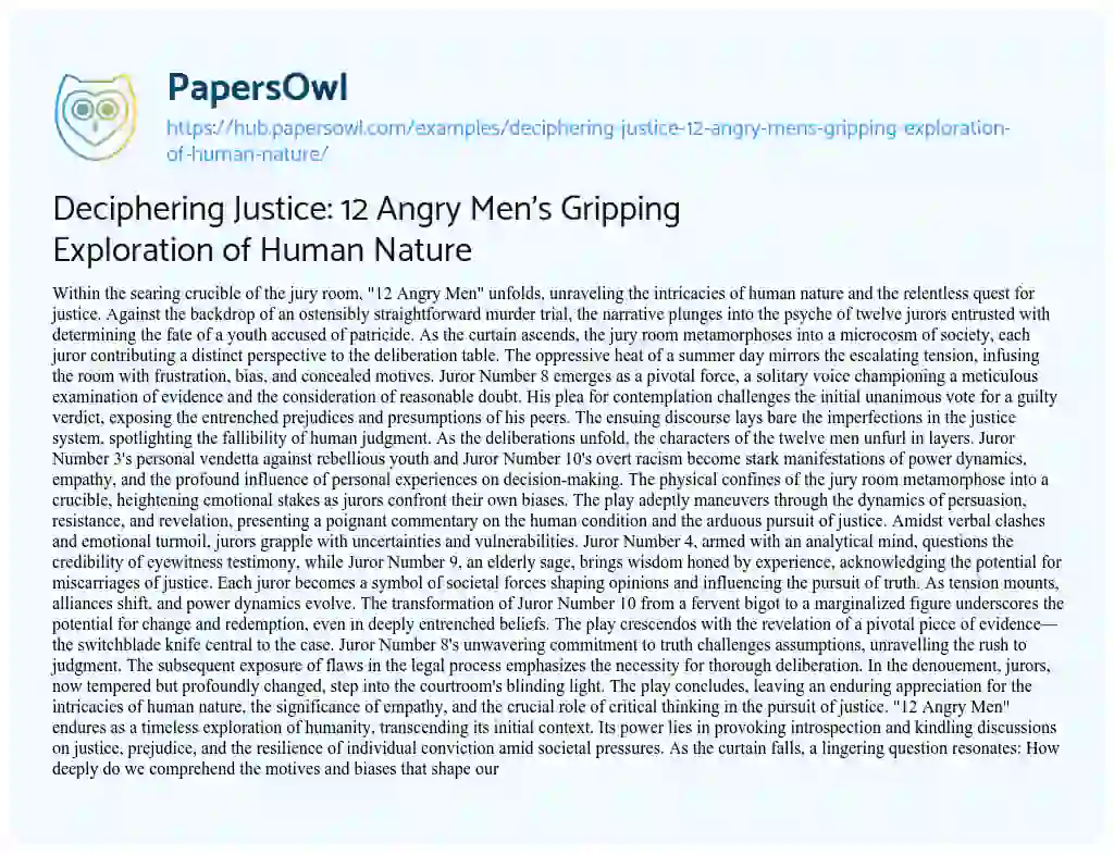 Essay on Deciphering Justice: 12 Angry Men’s Gripping Exploration of Human Nature