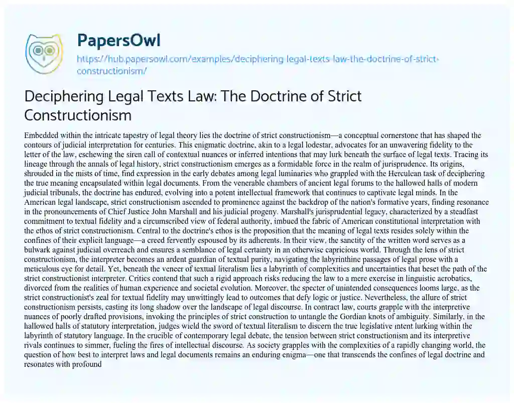 Essay on Deciphering Legal Texts Law: The Doctrine of Strict Constructionism